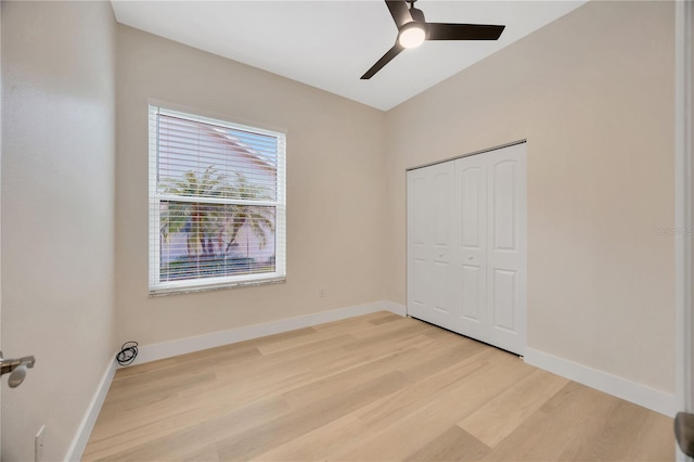 unfurnished bedroom featuring a closet, ceiling fan, and light hardwood / wood-style floors