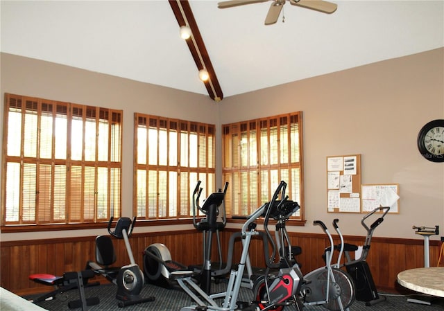 workout area featuring wood walls, lofted ceiling, and ceiling fan