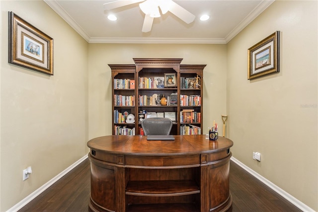 1433 Emerald Hill Way, Valrico, FL 33594 - office area with a ceiling fan, dark wood-style flooring, baseboards, and crown molding