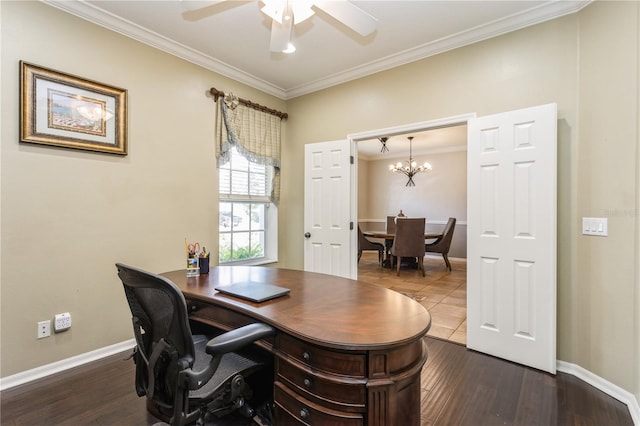 office area with dark hardwood / wood-style flooring, crown molding, and ceiling fan with notable chandelier