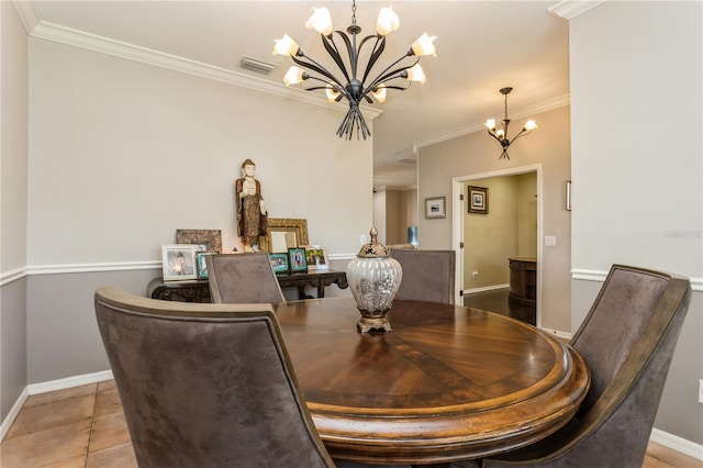 tiled dining area with ornamental molding and an inviting chandelier