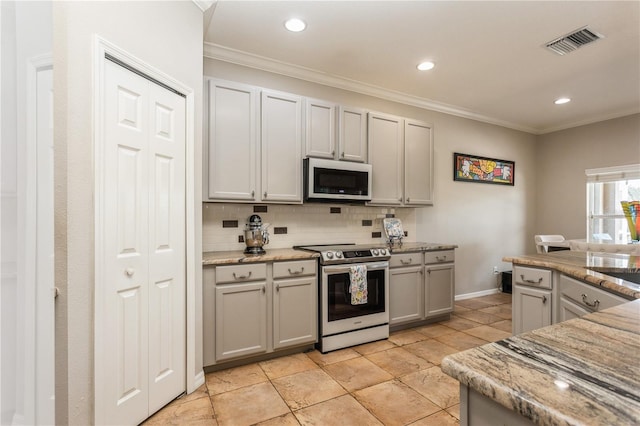 1433 Emerald Hill Way, Valrico, FL 33594 - kitchen with stainless steel electric range oven, tasteful backsplash, ornamental molding, gray cabinets, and recessed lighting
