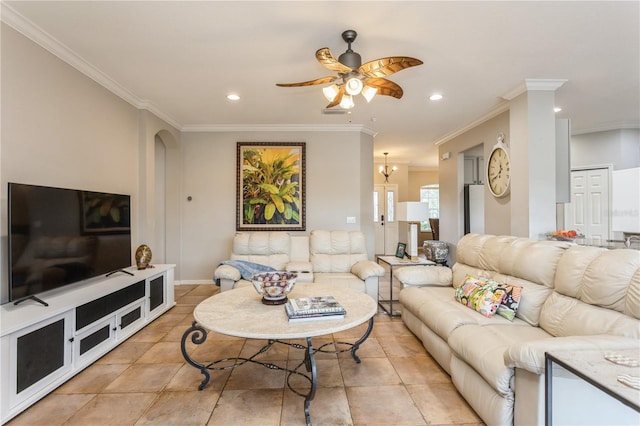 1433 Emerald Hill Way, Valrico, FL 33594 - living room with a ceiling fan, ornamental molding, recessed lighting, light tile patterned floors, and baseboards