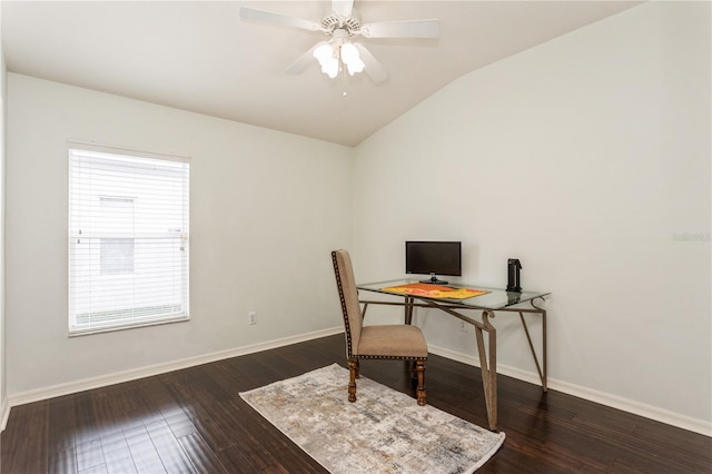 office featuring vaulted ceiling, ceiling fan, and dark hardwood / wood-style flooring