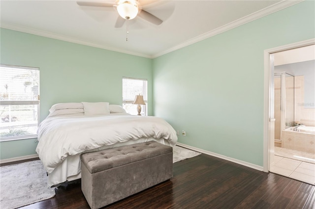 bedroom featuring crown molding, ceiling fan, wood-type flooring, and connected bathroom