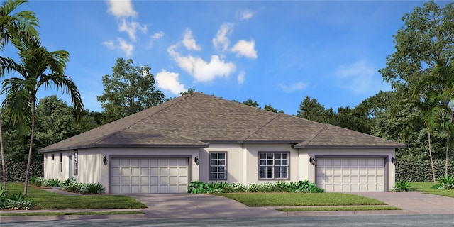 ranch-style house featuring a garage and a front yard