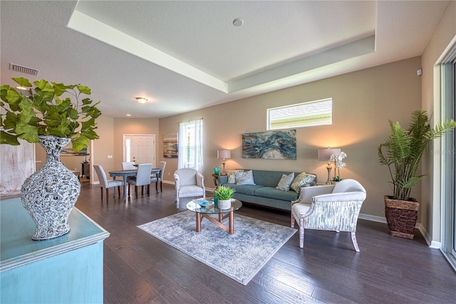 living room featuring a textured ceiling, dark hardwood / wood-style floors, and a raised ceiling