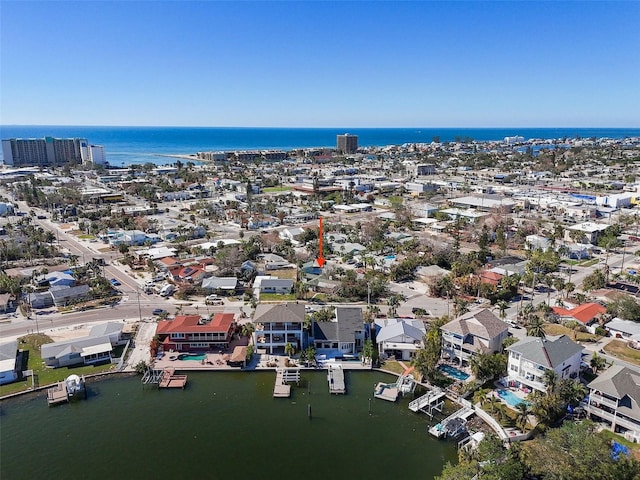 drone / aerial view featuring a water view