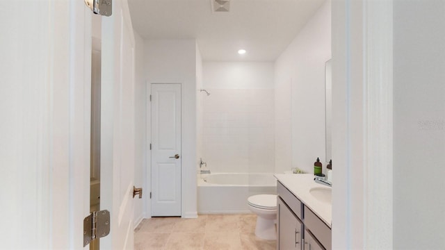 full bathroom with vanity, tile patterned floors, toilet, and  shower combination