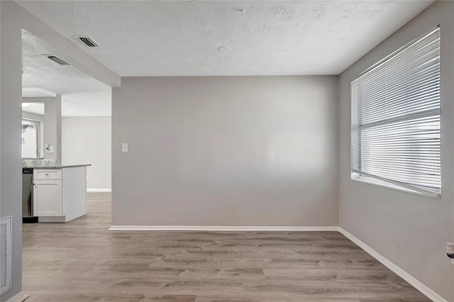 unfurnished room with light hardwood / wood-style floors, a healthy amount of sunlight, and a textured ceiling