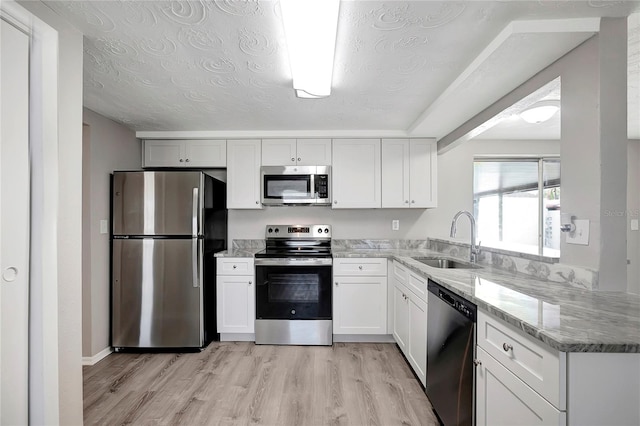 kitchen with white cabinets, stainless steel appliances, a textured ceiling, and sink