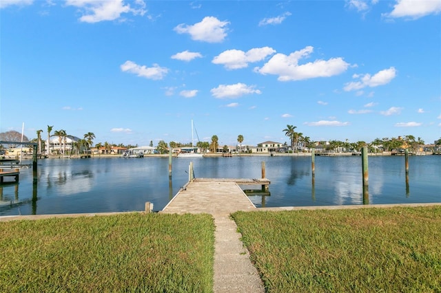 dock area featuring a yard and a water view