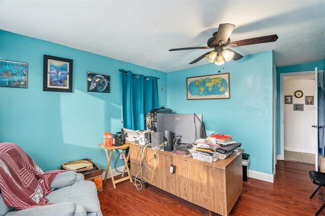 office area featuring ceiling fan and dark hardwood / wood-style floors