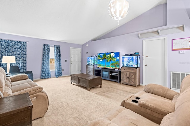 carpeted living room featuring vaulted ceiling