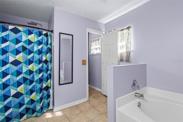 bathroom featuring tile patterned flooring, a textured ceiling, and plus walk in shower