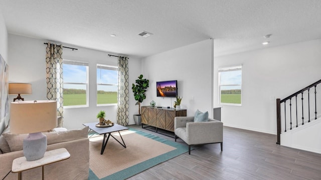 living room featuring a textured ceiling, hardwood / wood-style floors, and plenty of natural light