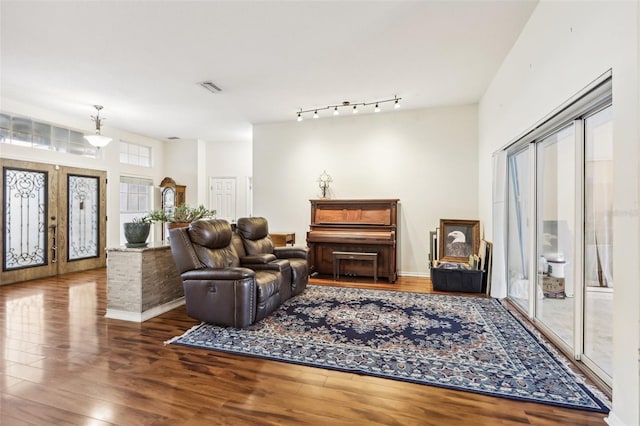 living room with wood-type flooring and rail lighting