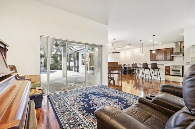 living room with dark wood-type flooring