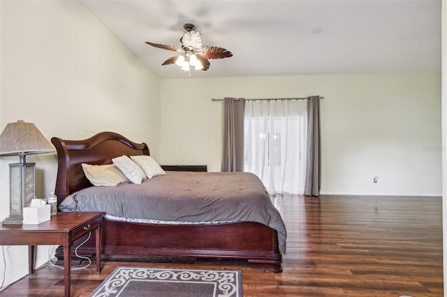 bedroom with ceiling fan and hardwood / wood-style flooring