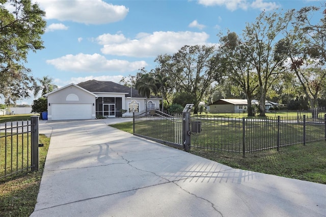 single story home with a front yard and a garage