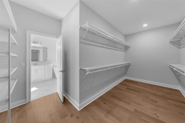 walk in closet with sink and light hardwood / wood-style floors