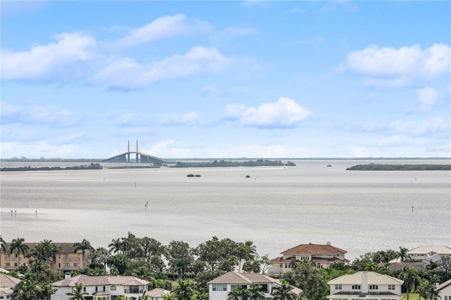 bird's eye view with a water view