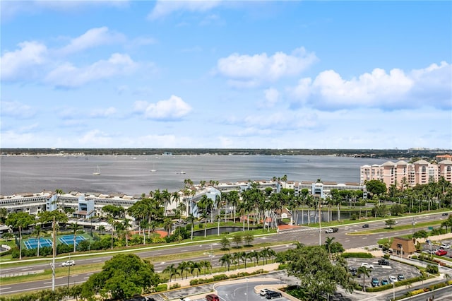 birds eye view of property with a water view