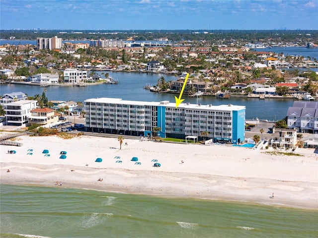 aerial view featuring a beach view and a water view