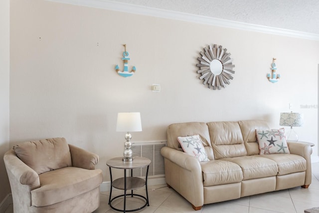 living room featuring a textured ceiling, light tile patterned floors, and crown molding