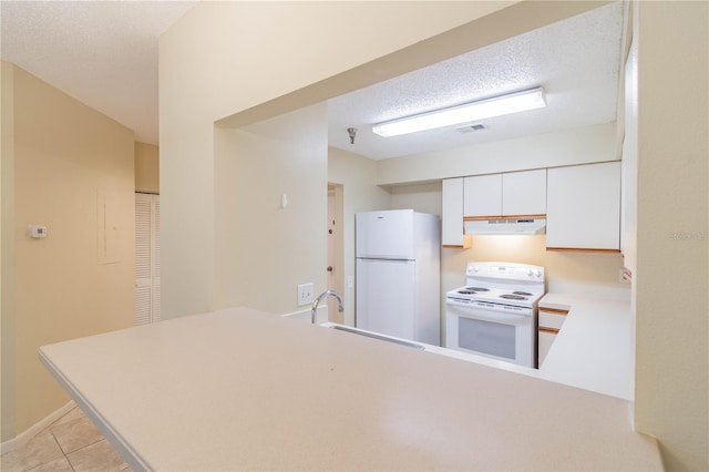 kitchen with sink, kitchen peninsula, a textured ceiling, white appliances, and white cabinets