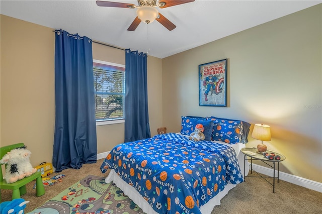 bedroom featuring carpet flooring and ceiling fan