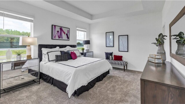 carpeted bedroom featuring multiple windows and a raised ceiling