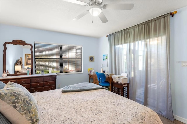 bedroom featuring ceiling fan and multiple windows