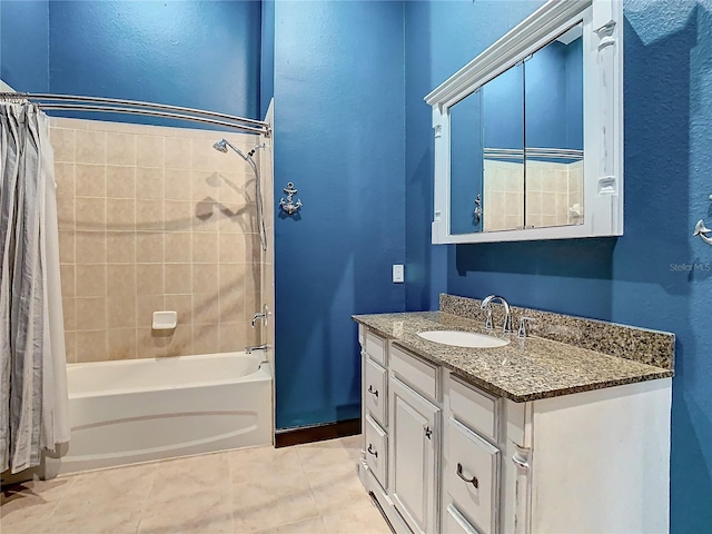 bathroom with tile patterned floors, vanity, and shower / tub combo with curtain