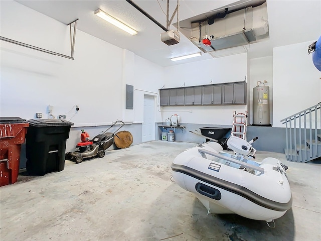 garage with electric panel, water heater, and a garage door opener