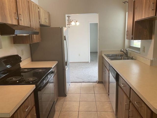 kitchen with electric range, sink, dishwasher, extractor fan, and light tile patterned flooring