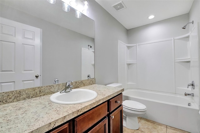 full bathroom featuring tile patterned flooring, vanity,  shower combination, and toilet