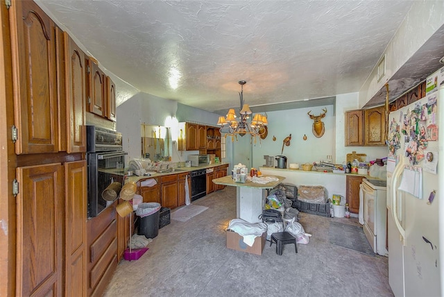 7923 18th Ave E, Palmetto, FL 34221 - kitchen featuring black appliances, brown cabinets, a chandelier, and light countertops