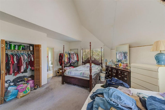 7923 18th Ave E, Palmetto, FL 34221 - carpeted bedroom featuring high vaulted ceiling, a closet, and ensuite bathroom