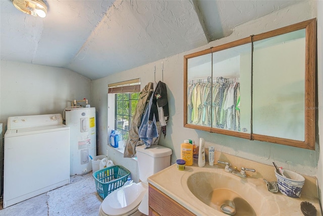 7923 18th Ave E, Palmetto, FL 34221 - bathroom with washer / dryer, water heater, vaulted ceiling, toilet, and vanity