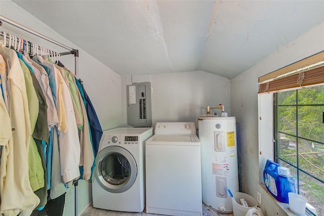 laundry area with electric water heater, electric panel, and washing machine and clothes dryer