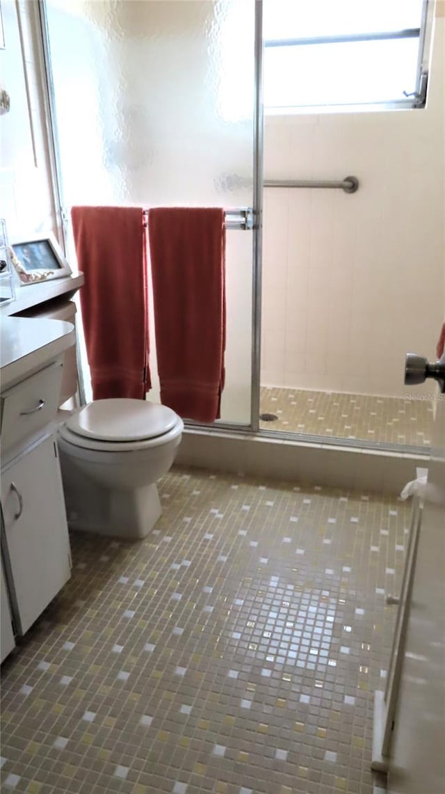 bathroom featuring vanity, an enclosed shower, and toilet