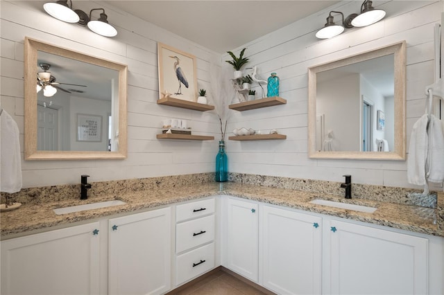 bathroom with vanity, tile patterned floors, and ceiling fan