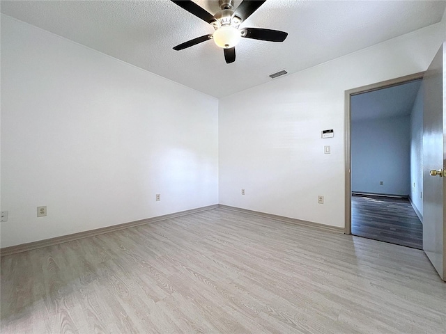 empty room featuring ceiling fan, light hardwood / wood-style floors, and a textured ceiling