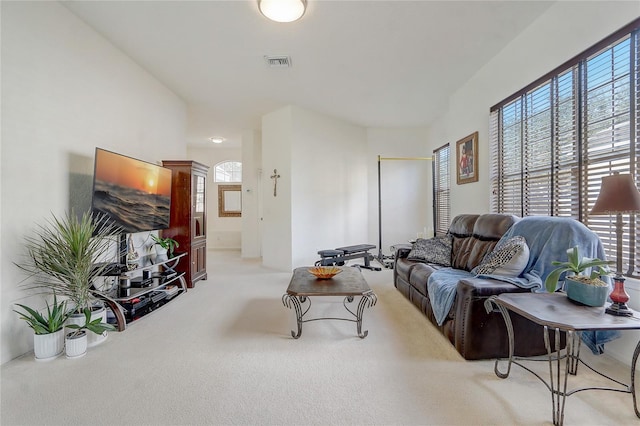 living room with light colored carpet