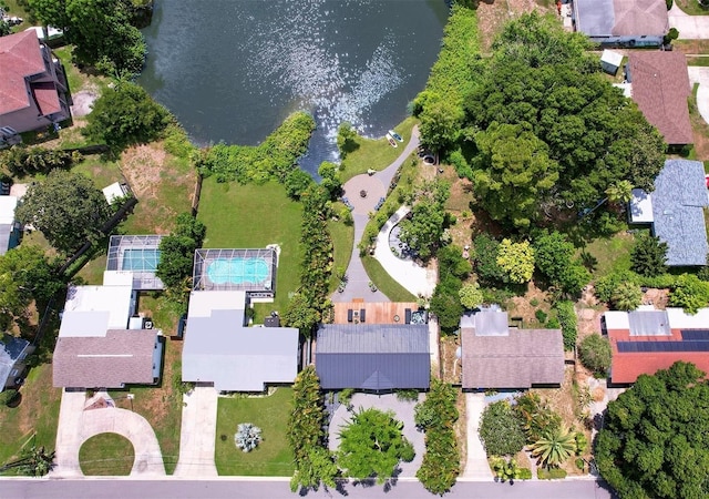 birds eye view of property featuring a water view