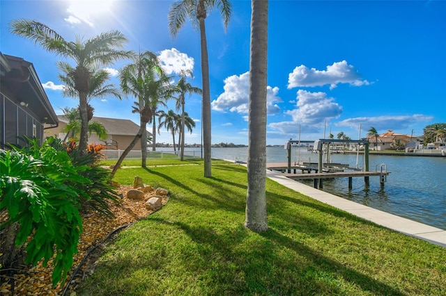 dock area featuring a water view and a yard