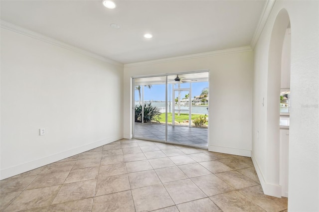 11683 Grove St, Seminole, FL 33772 - unfurnished room with ornamental molding, arched walkways, recessed lighting, a water view, and light tile patterned floors