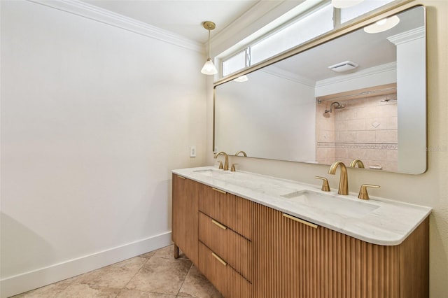 11683 Grove St, Seminole, FL 33772 - full bathroom featuring double vanity, ornamental molding, and tile patterned flooring