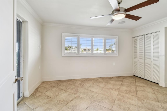 11683 Grove St, Seminole, FL 33772 - unfurnished bedroom featuring ornamental molding, a closet, ceiling fan, and light tile patterned flooring